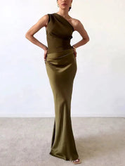 Vivienne Caldecourt | Brown One-Shoulder Pleated Satin Maxi Dress