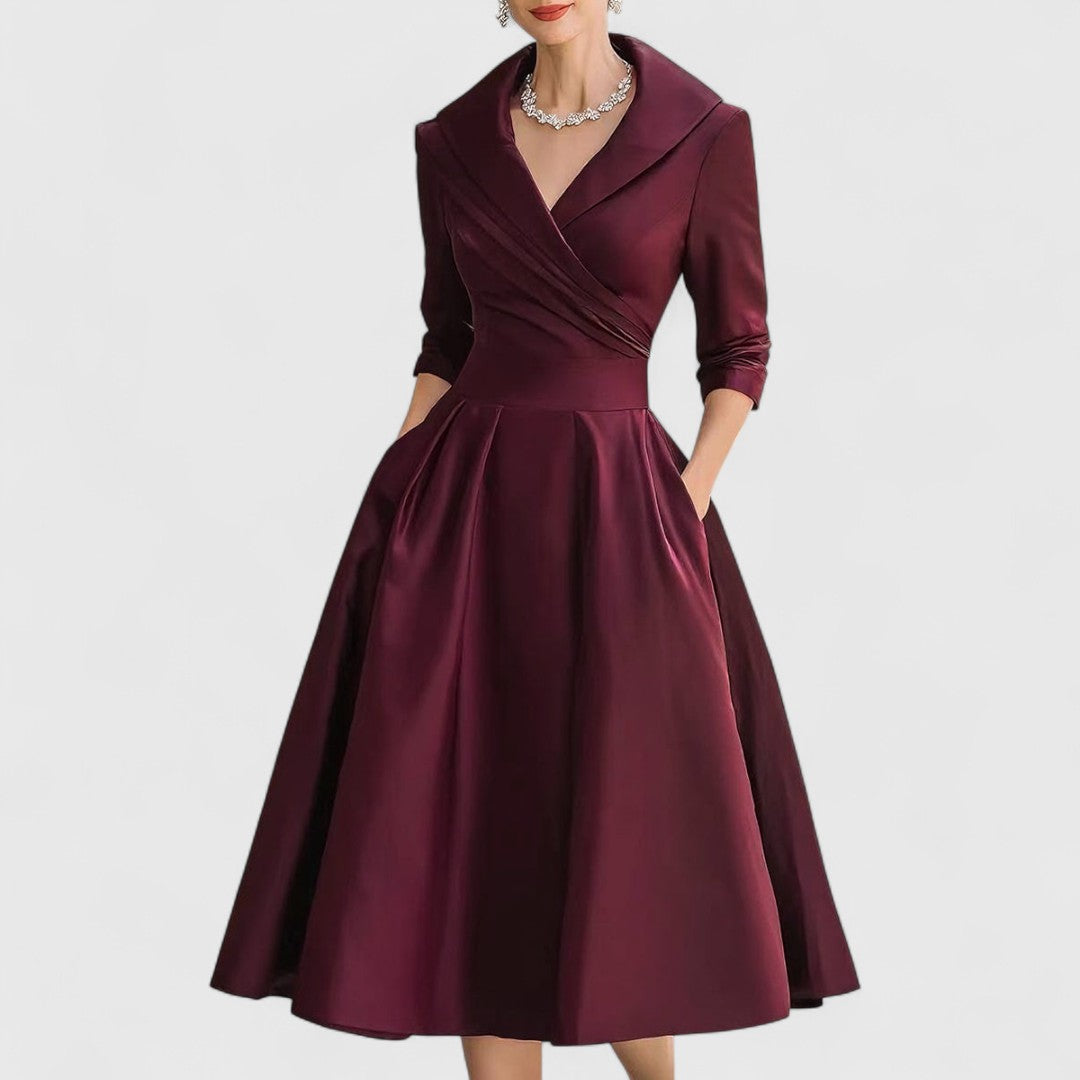 Genevra Elsinore | Navy Blue A-Line Midi Dress with 3/4 Sleeves
