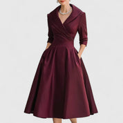 Genevra Elsinore | Navy Blue A-Line Midi Dress with 3/4 Sleeves