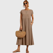 Rosalind Evermore | Navy Blue Cap Sleeve Midi Dress with Pockets