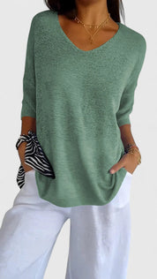 Genevieve Hartmore | Sage Green V-Neck Knit Sweater Top