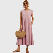 Rosalind Evermore | Navy Blue Cap Sleeve Midi Dress with Pockets