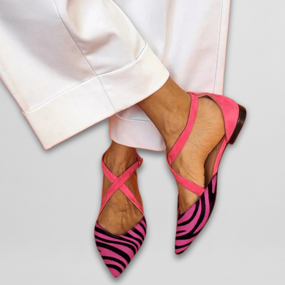 Lorraine Beaupont | Zebra Print Crisscross Strap Ballet Flats