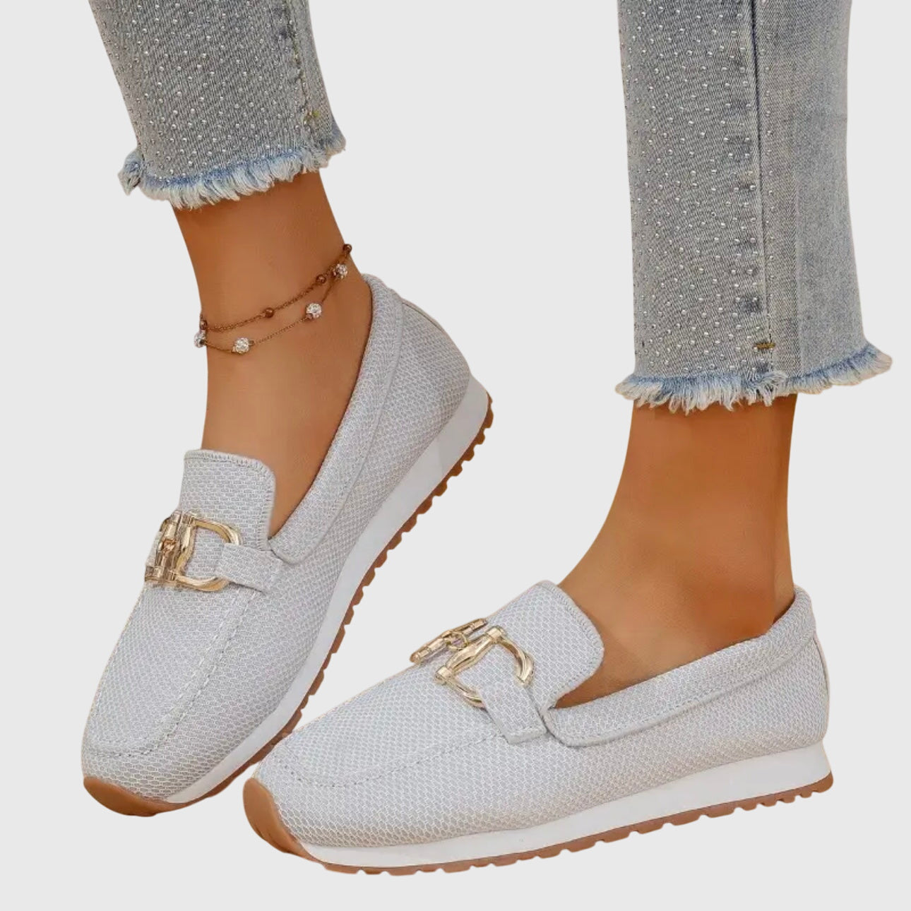Seraphelle Dunbridge | Beige Mesh Slip-On Loafer Sneaker with Gold Horsebit