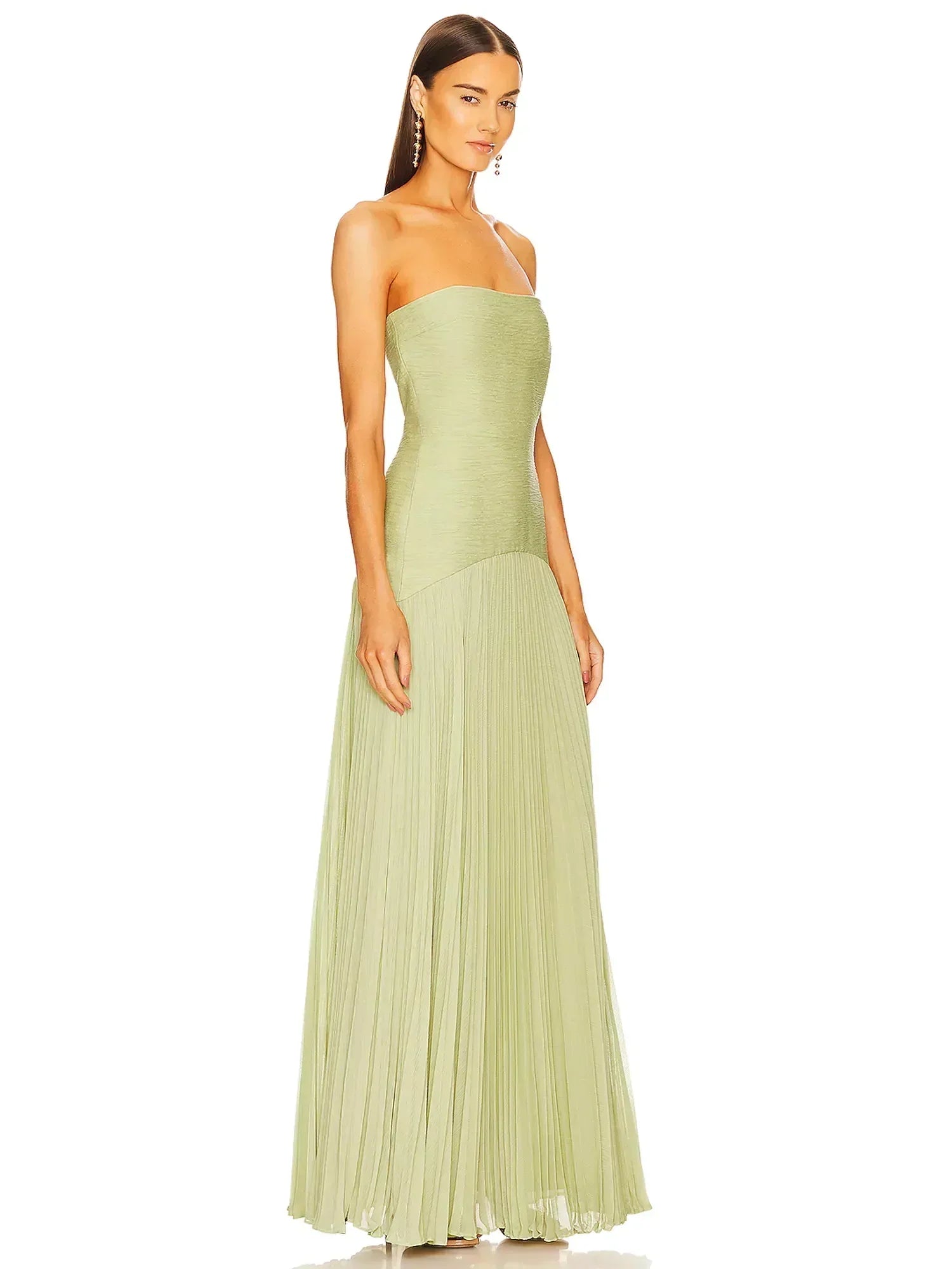 Éliane Montserrat | Sage Green Strapless Pleated Maxi Gown