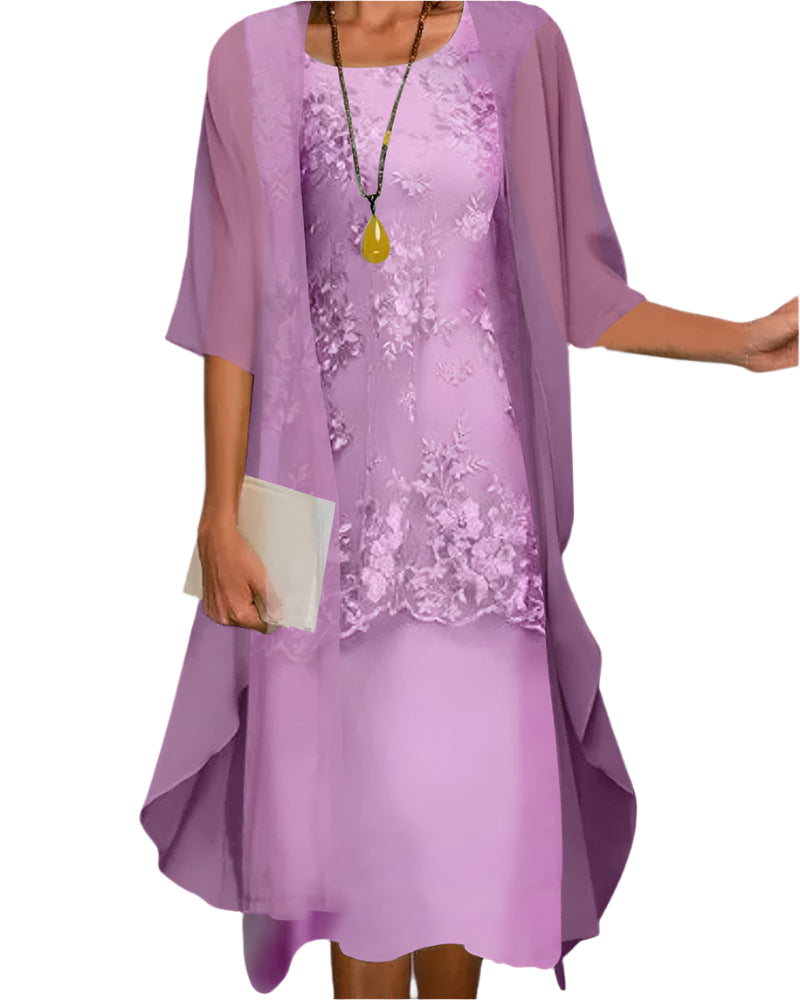 Rosalinde Vaumont | Floral Lace Layered Sheer Sleeve Midi Dress
