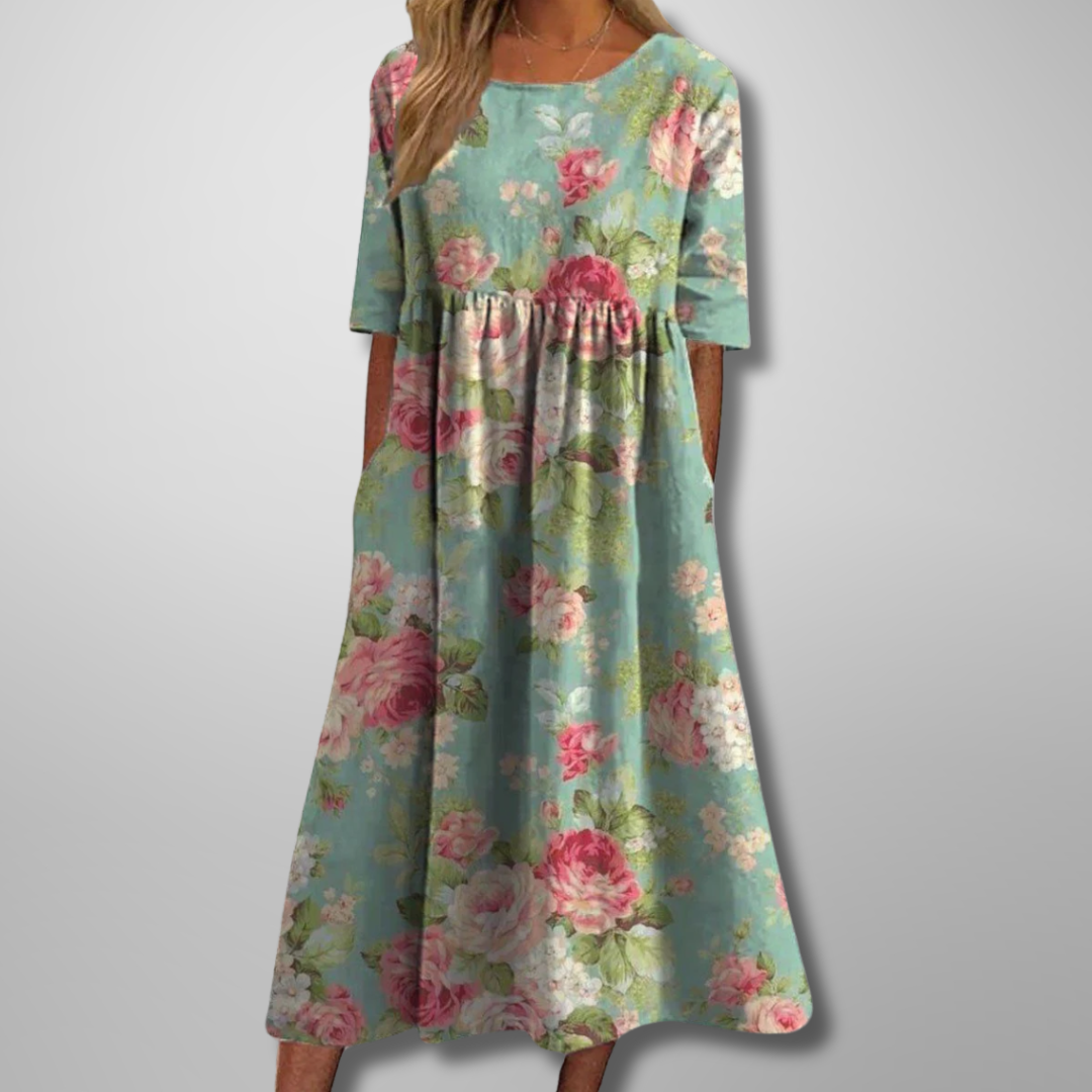Corinthia Delvaux | Blue Floral Midi Dress with 3/4 Sleeves