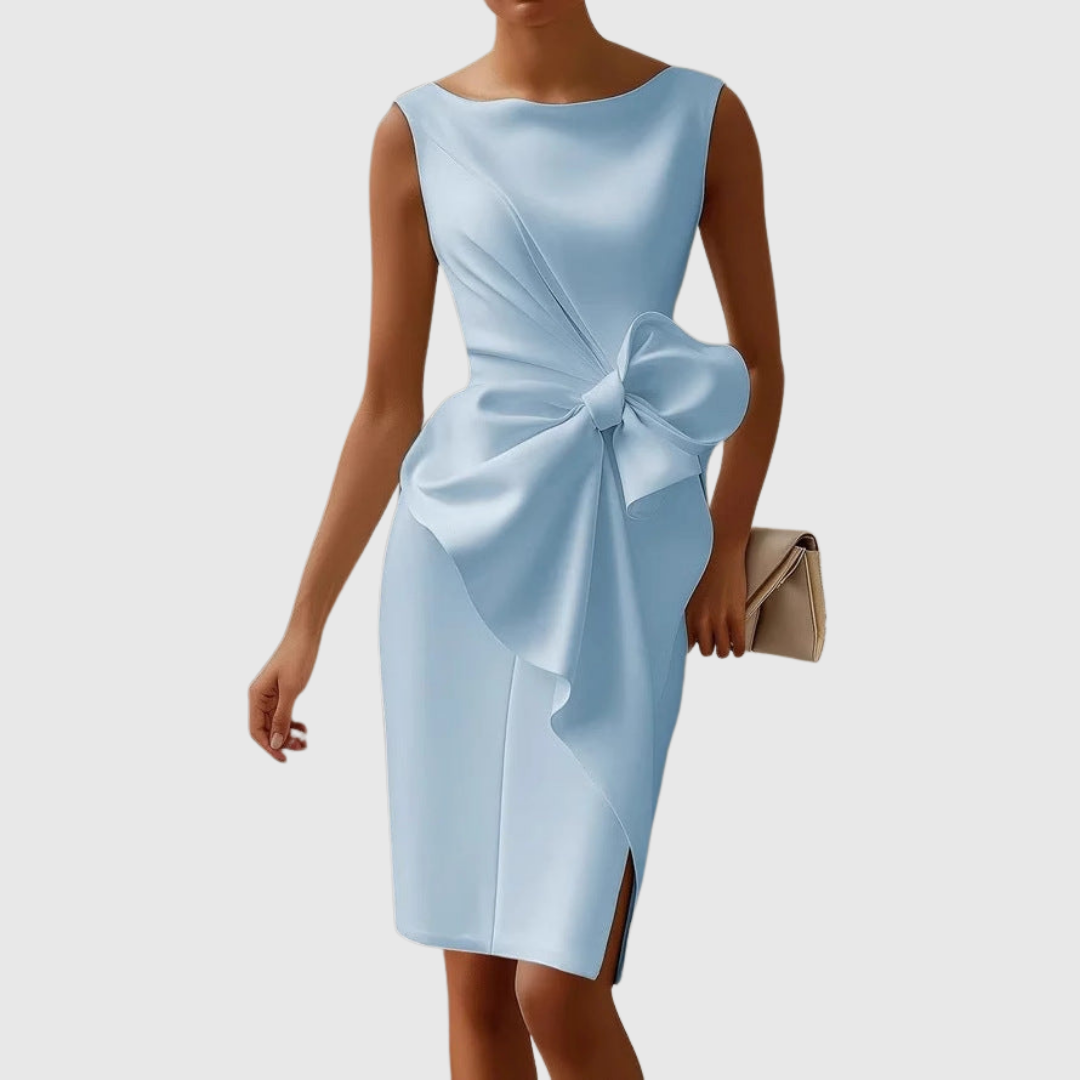 Céleste Wyndborne | Black Sleeveless Boat Neck Midi Dress with Bow