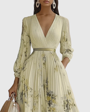 Lucienne Hartwell | Floral Pleated Midi Dress with V-Neck