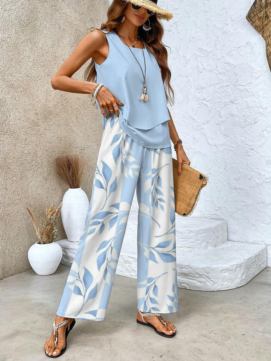 Sylvette Montcourt | Sleeveless Layered Top & Leaf-Print Wide-Leg Pants Set