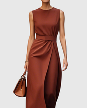 Aurelianne Fontcrest | Rust Brown Sleeveless Midi Dress with Waist Sash