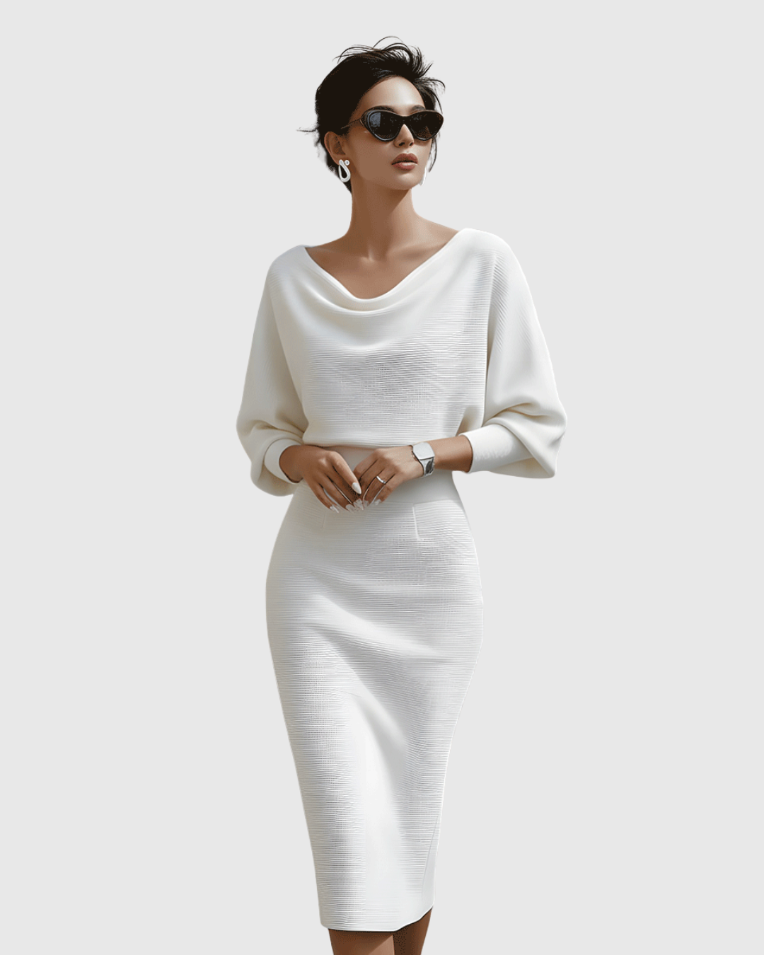 Audrina Velmonte | Black Ribbed Cowl Neck Batwing Midi Dress