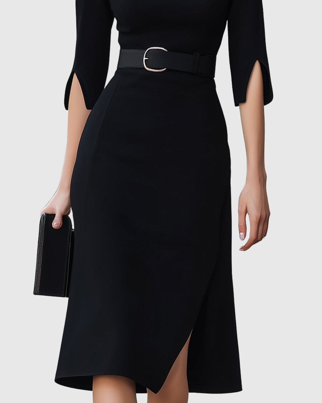 Theodora Blackwell | Classic Black Belted Midi Dress