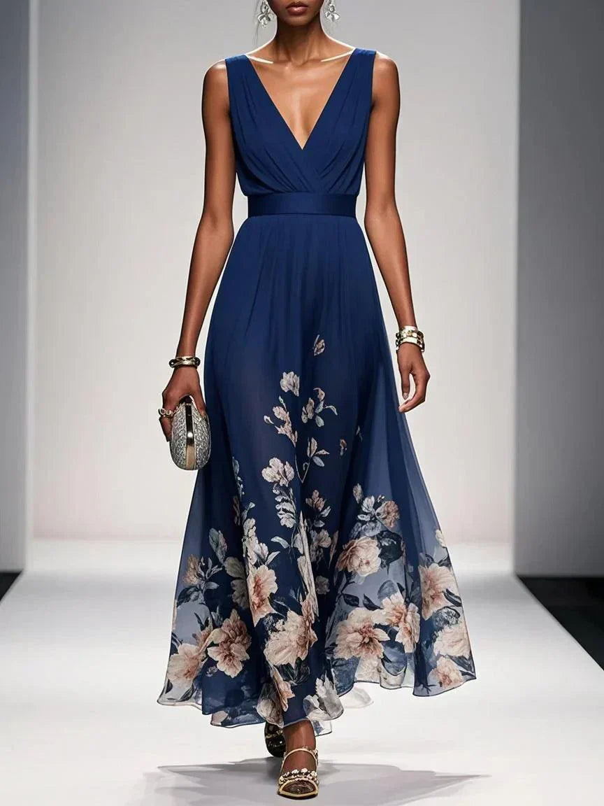 Celestine Dawnmore | Light Blue Floral Maxi V-Neck Dress