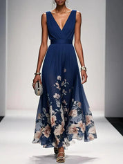 Celestine Dawnmore | Light Blue Floral Maxi V-Neck Dress