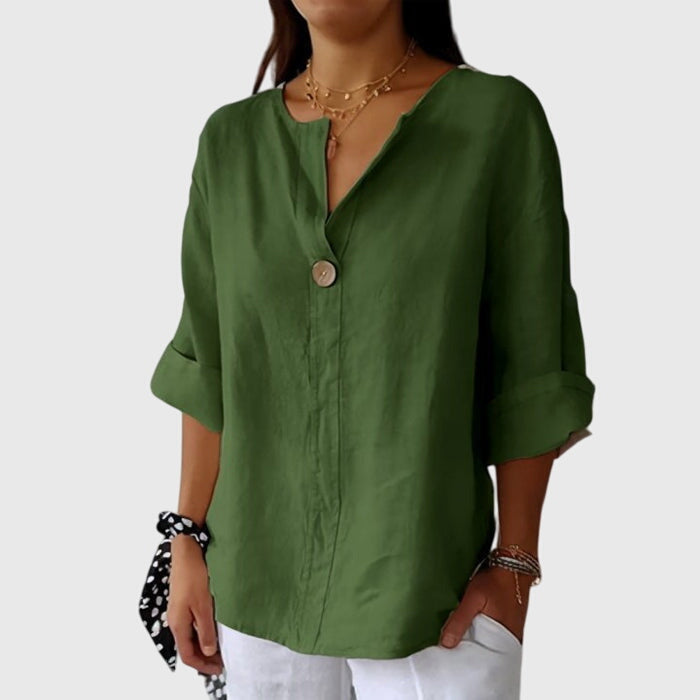 Feliciana Duprés | Linen V-Neck Blouse with Single-Button Closure