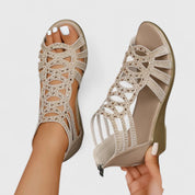 Elara Montveil | Rhinestone Gladiator Wedge Sandals in Beige