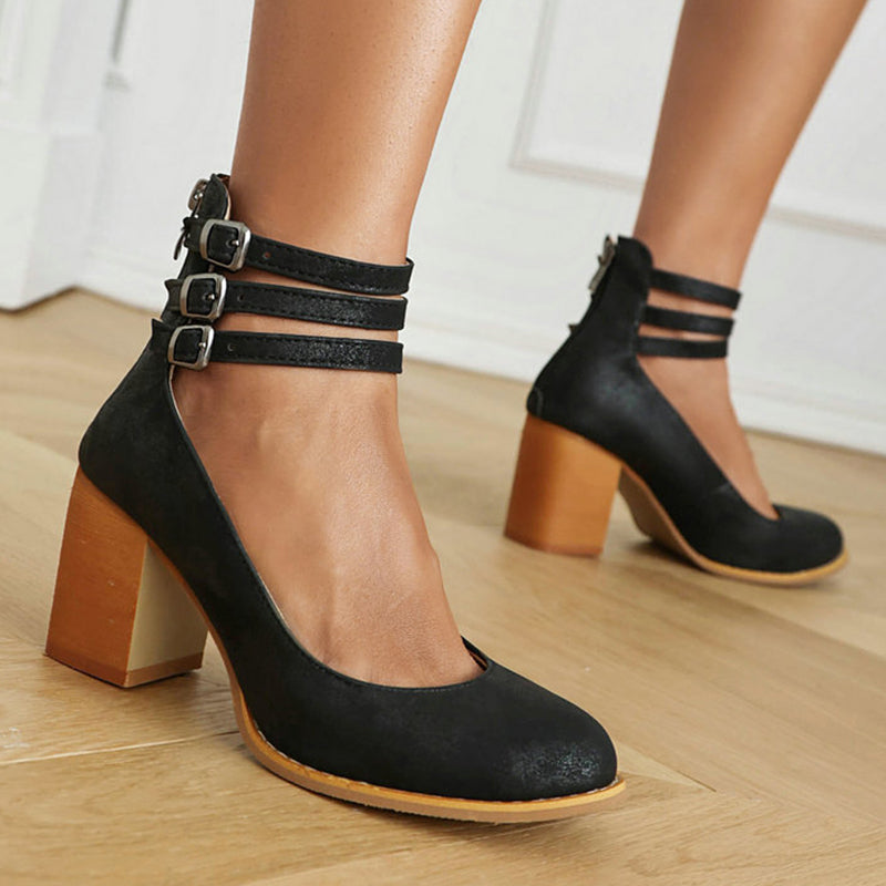 Mathilde Renoncourt | Tan Block Heel Sandal with Double Ankle Strap