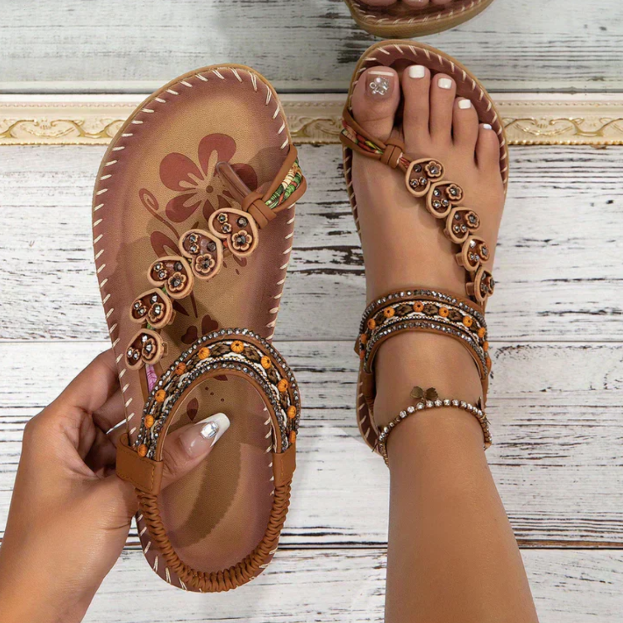 Romaine Delacrosse | Boho Beaded Flat Sandals in Tan