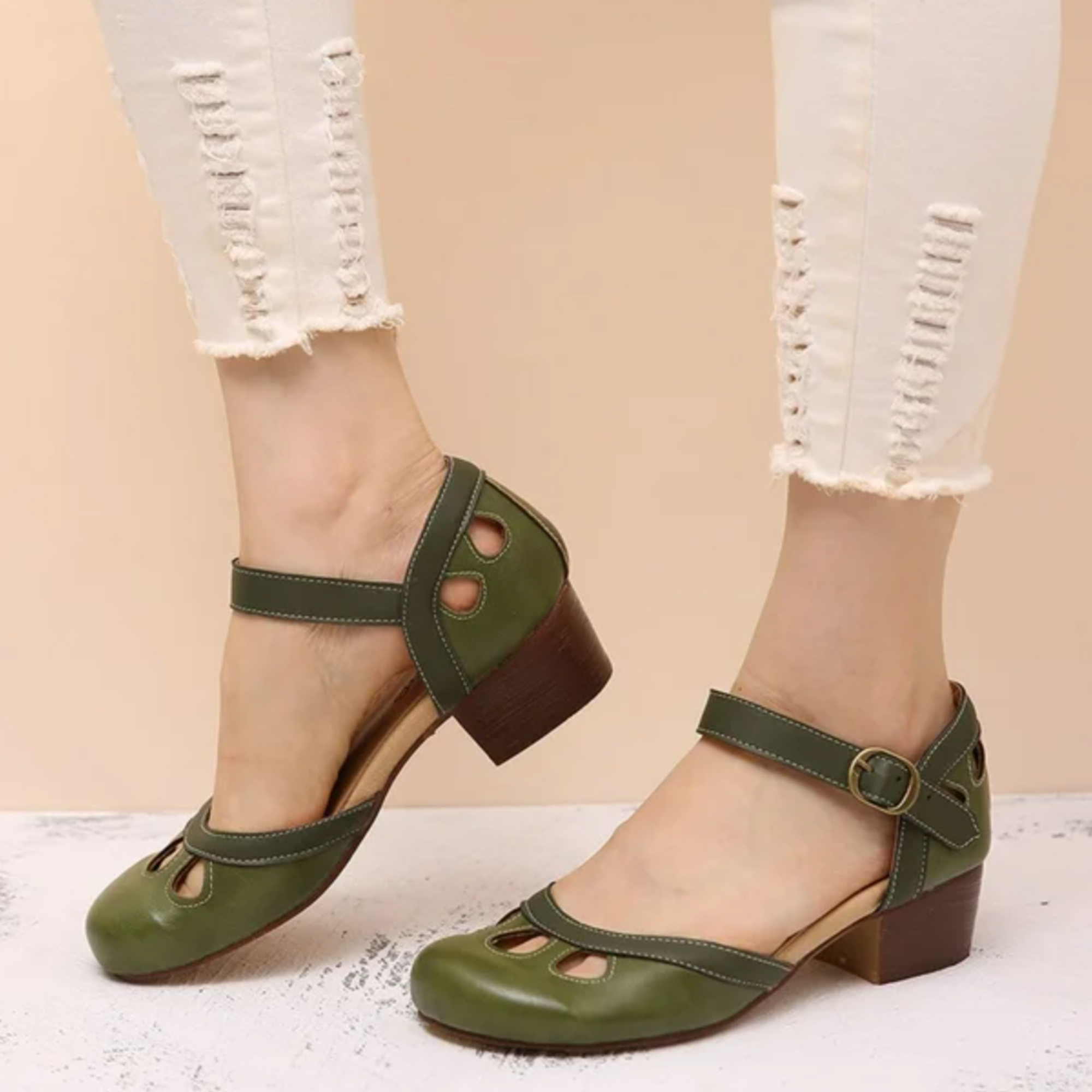 Evangeline Sorel | Green Orthopedic Low-Heeled Sandals for Women