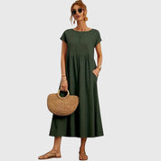 Rosalind Evermore | Navy Blue Cap Sleeve Midi Dress with Pockets