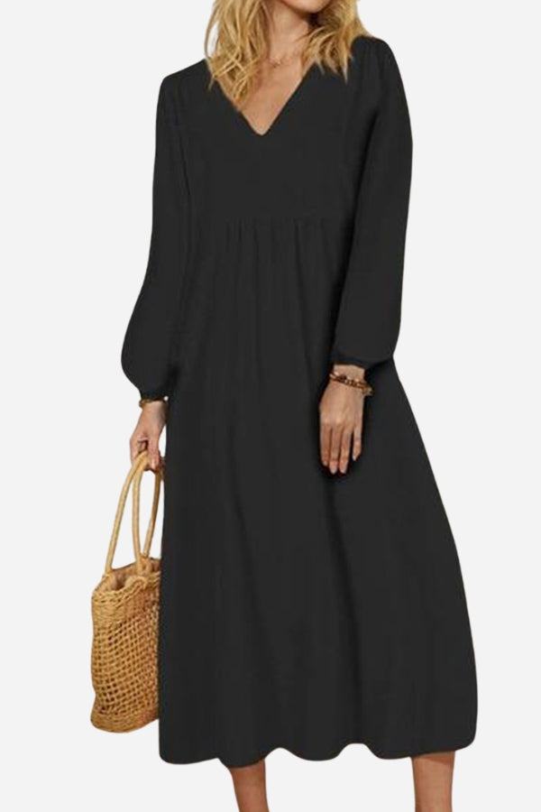 Rosalinde Velthorpe | Terracotta V-Neck Smocked Waist Midi Dress with Balloon Sleeves