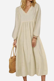 Rosalinde Velthorpe | Terracotta V-Neck Smocked Waist Midi Dress with Balloon Sleeves