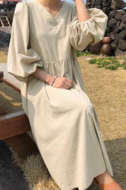 Rosalinde Velthorpe | Terracotta V-Neck Smocked Waist Midi Dress with Balloon Sleeves