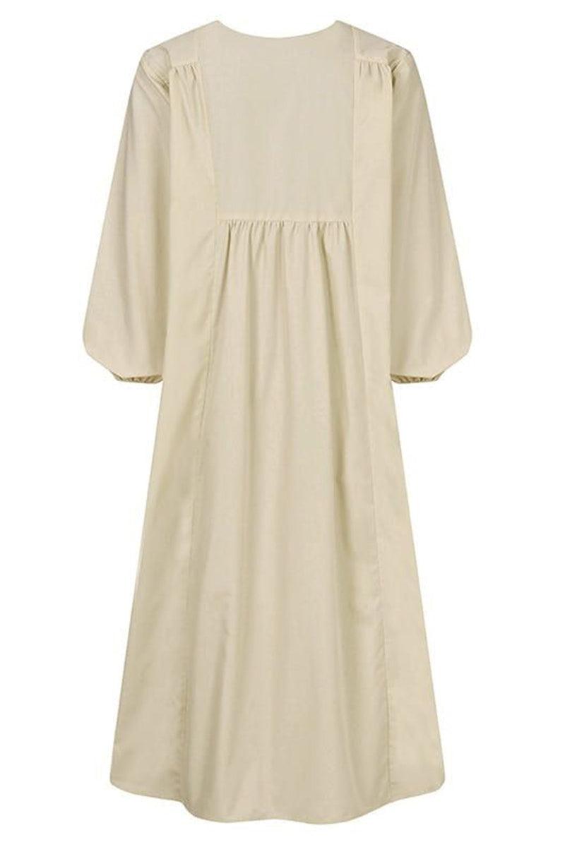 Rosalinde Velthorpe | Terracotta V-Neck Smocked Waist Midi Dress with Balloon Sleeves