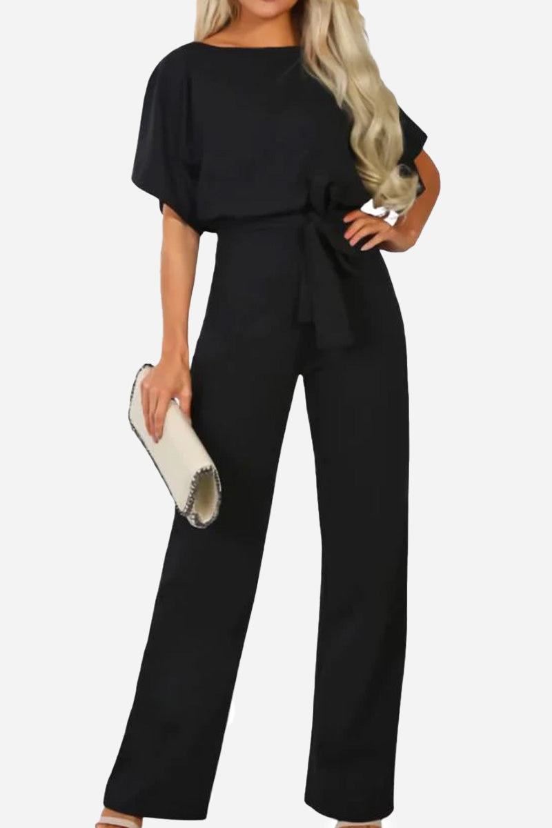 Colette Marchand | Black Wide-Leg Belted Jumpsuit with Batwing Sleeves