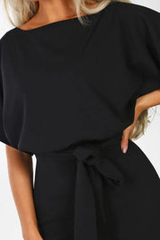 Colette Marchand | Black Wide-Leg Belted Jumpsuit with Batwing Sleeves
