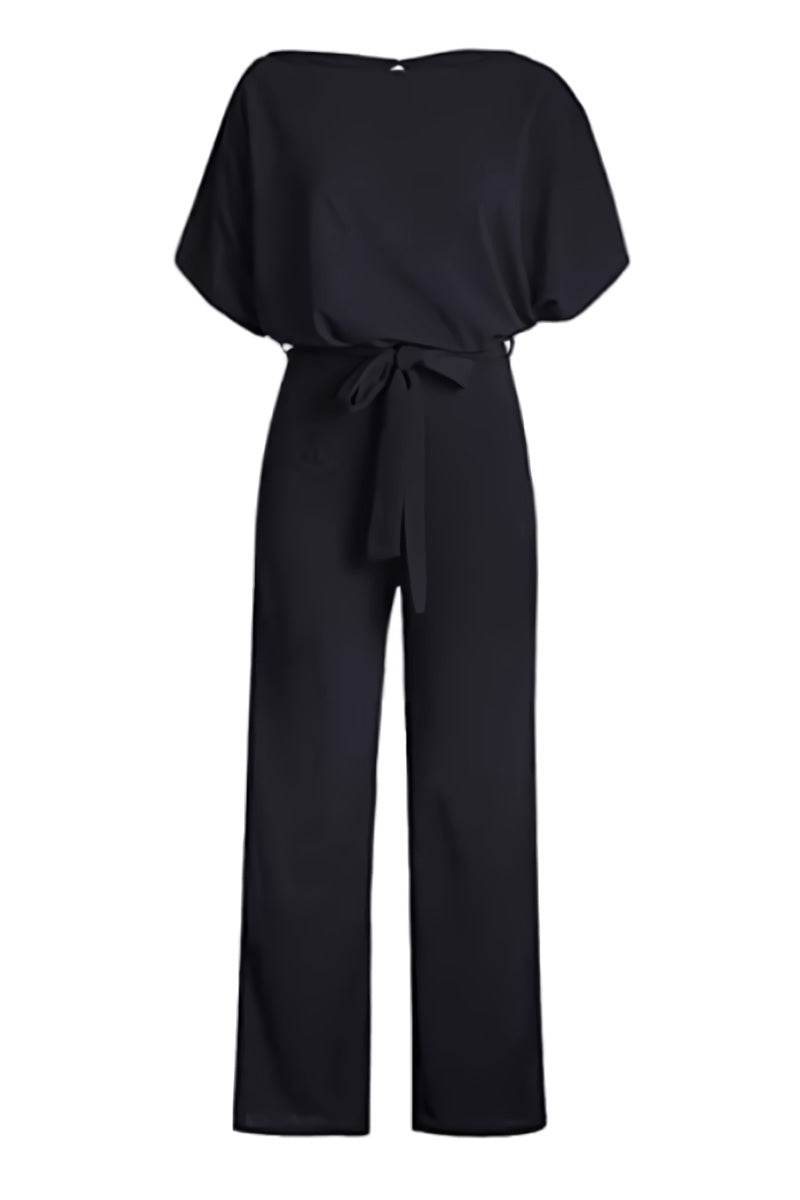 Colette Marchand | Black Wide-Leg Belted Jumpsuit with Batwing Sleeves