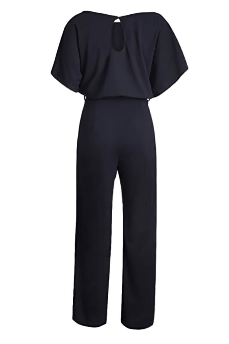 Colette Marchand | Black Wide-Leg Belted Jumpsuit with Batwing Sleeves