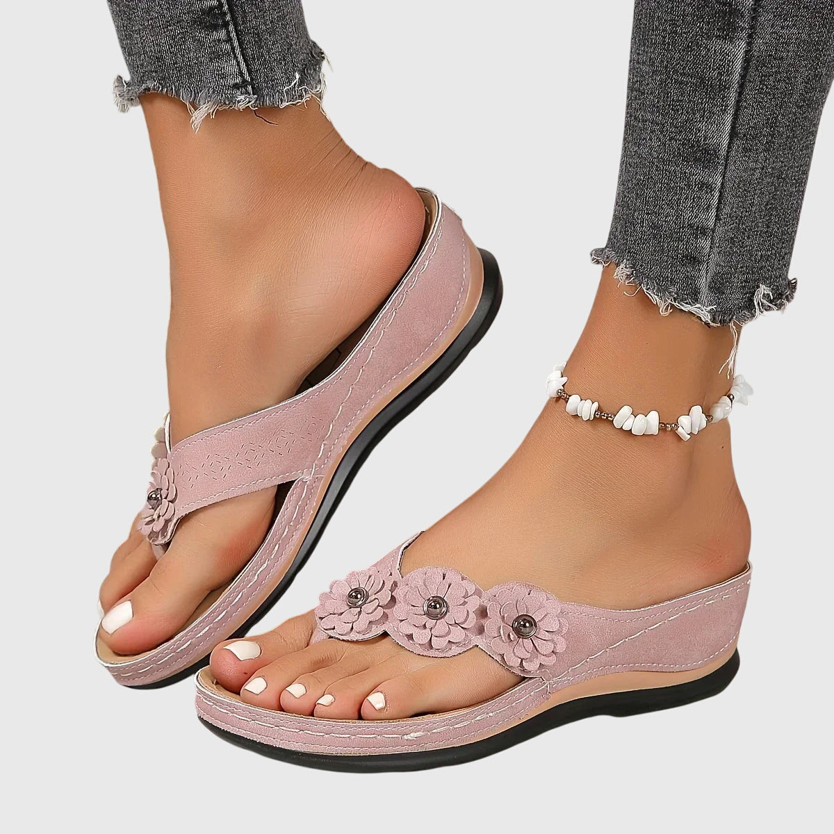 Marietta Dunrosse | Blue Flower Wedge Flip Flop Sandals