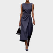 Aurelianne Fontcrest | Rust Brown Sleeveless Midi Dress with Waist Sash