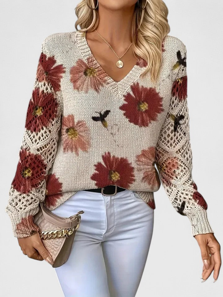Rosalinde Fonteclair | Floral Knit V-Neck Sweater with Lace Sleeves
