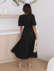 Antoinette Beauvray | Black V-Neck Puff Sleeve Midi Dress with Smocked Waist