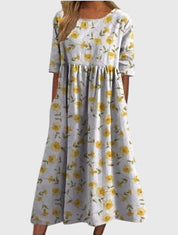 Rowena Beauclaire | Blue Floral Midi Dress with Half Sleeves