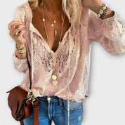 Théodeline Ashgrove | White Lace V-Neck Blouse with Flared Sleeves