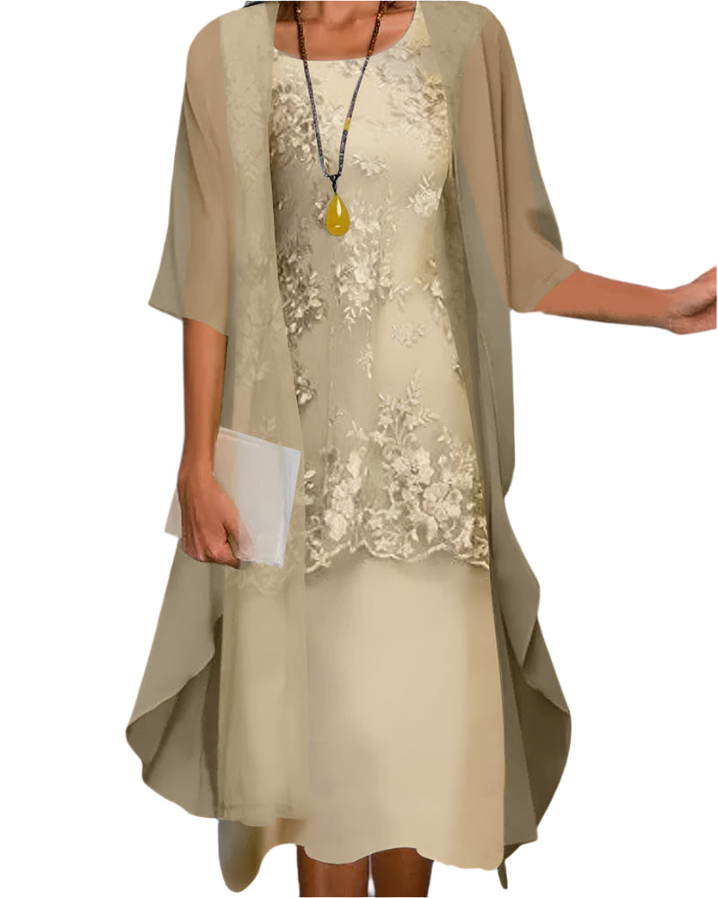 Rosalinde Vaumont | Floral Lace Layered Sheer Sleeve Midi Dress