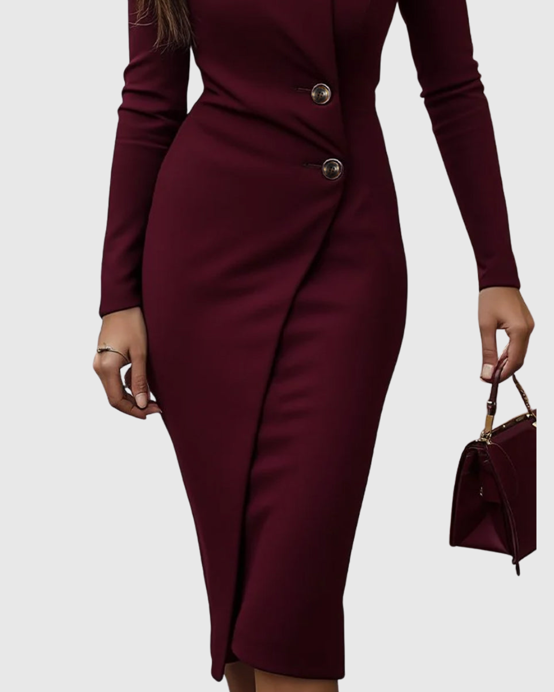 Vivienne Dunmorrow | Burgundy Long Sleeve V-Neck Midi Pencil Dress
