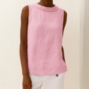 Celeste Dunmore | Sleeveless Roll Collar Top in Blue Grey Linen