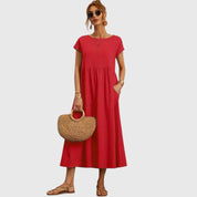 Rosalind Evermore | Navy Blue Cap Sleeve Midi Dress with Pockets