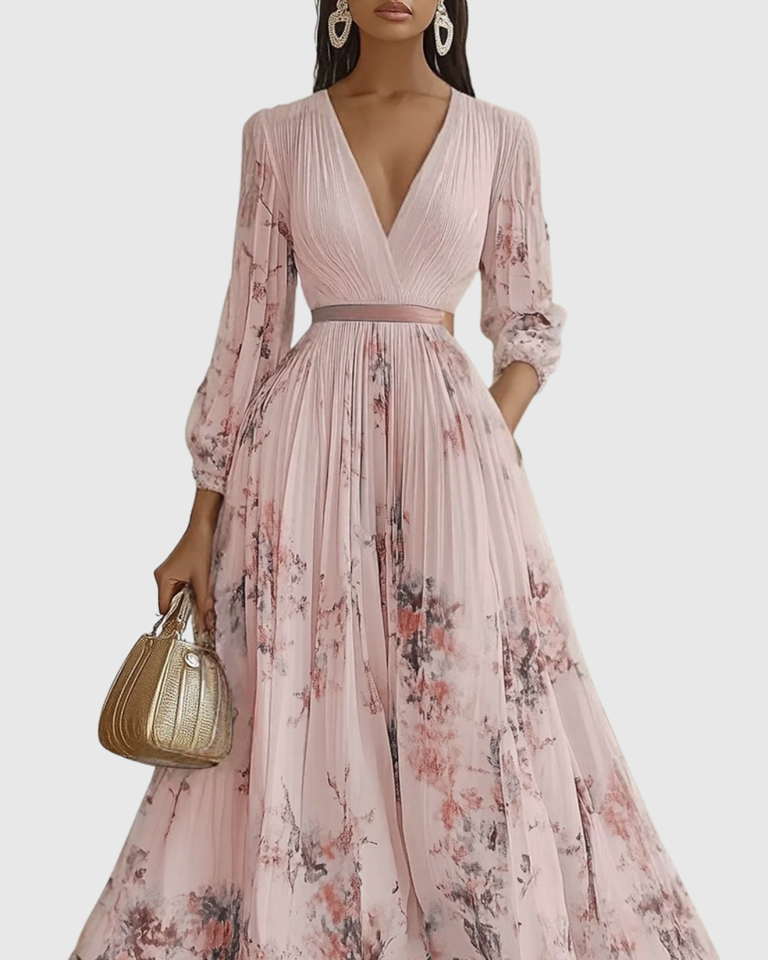 Lucienne Hartwell | Floral Pleated Midi Dress with V-Neck