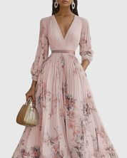 Lucienne Hartwell | Floral Pleated Midi Dress with V-Neck