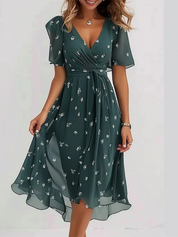 Clarisse Montveil | Floral Chiffon Midi Wrap Dress with Flutter Sleeves