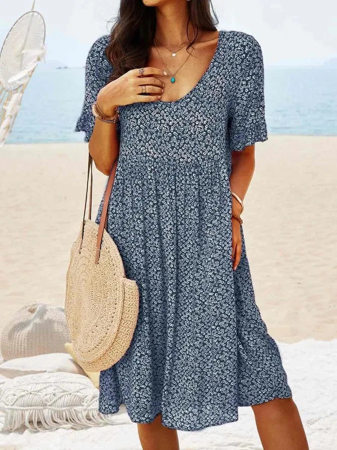 Fleurette Dawnvale | Blue Ditsy Floral V-Neck Smock Midi Dress