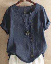 Céleste Dunvaux | Pink Linen Button Front Crew Neck Short Sleeve Top
