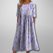 Corinthia Delvaux | Blue Floral Midi Dress with 3/4 Sleeves