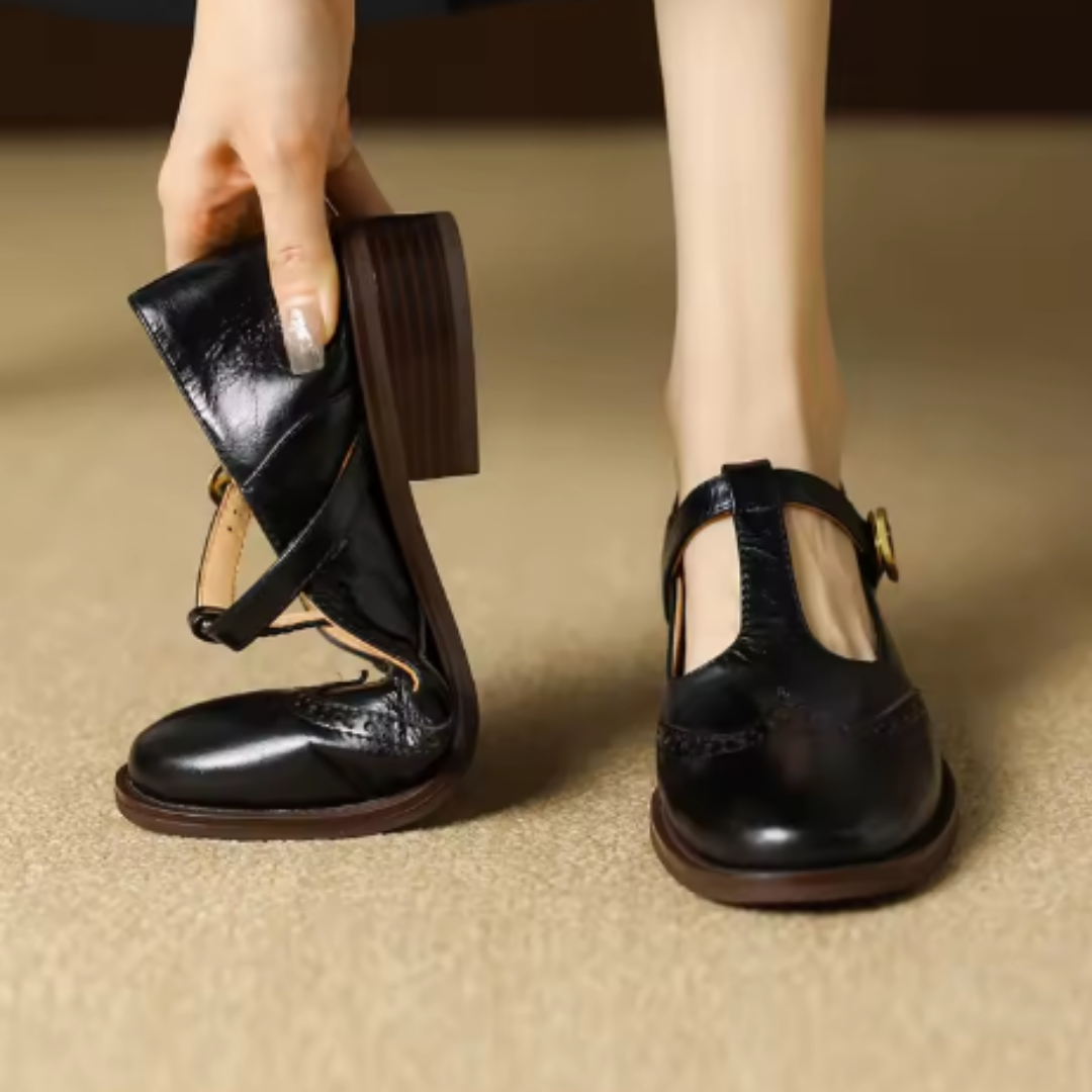 Blanche Devereaux | Leather T-Strap Mary Jane Shoes with Brogue Detail
